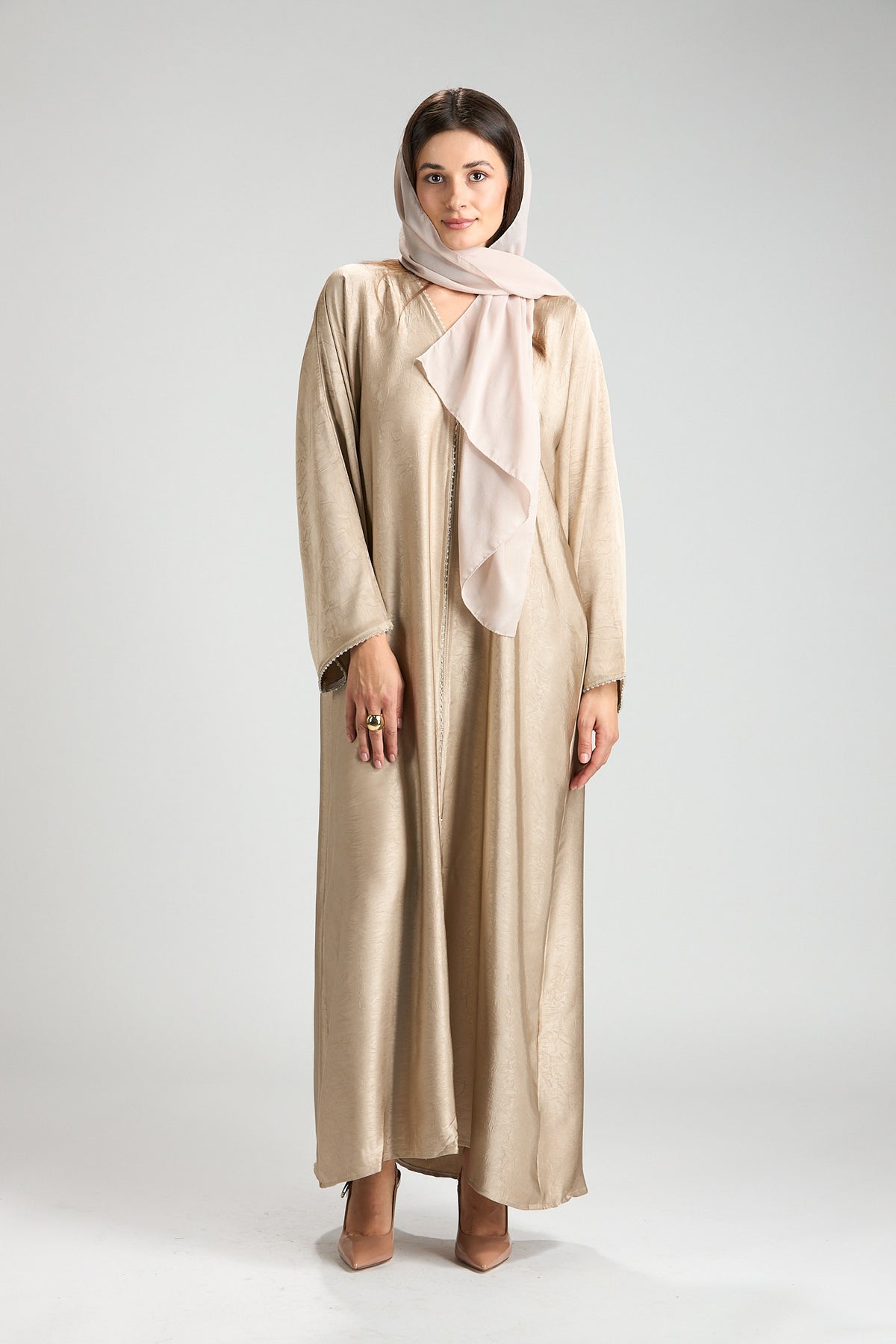 Farah Champagne Beige Textured Sheen 2-Piece Abaya with Hijab