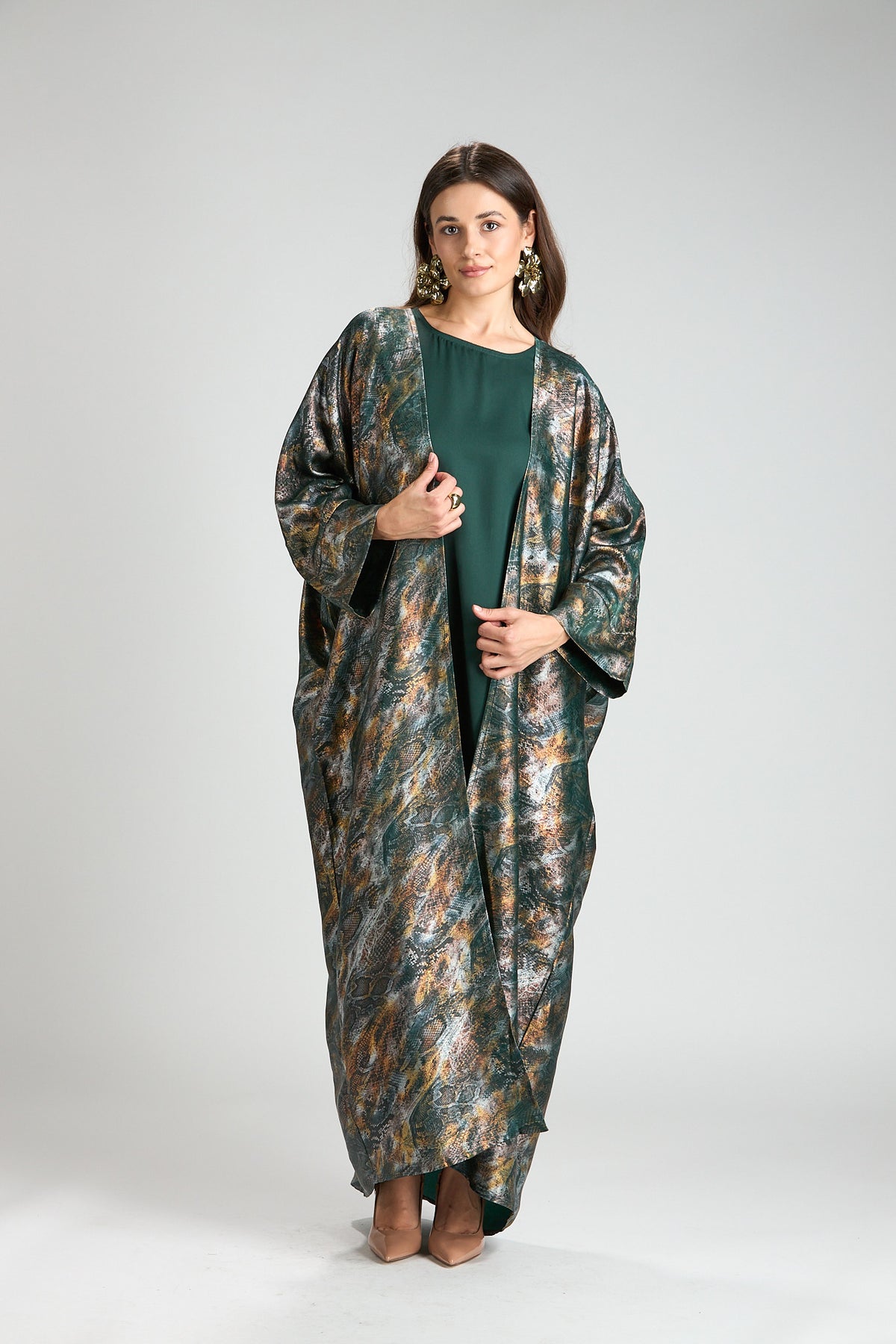 Emerald Mirage Abstract Metallic 3-Piece Open Abaya with Inner Dress