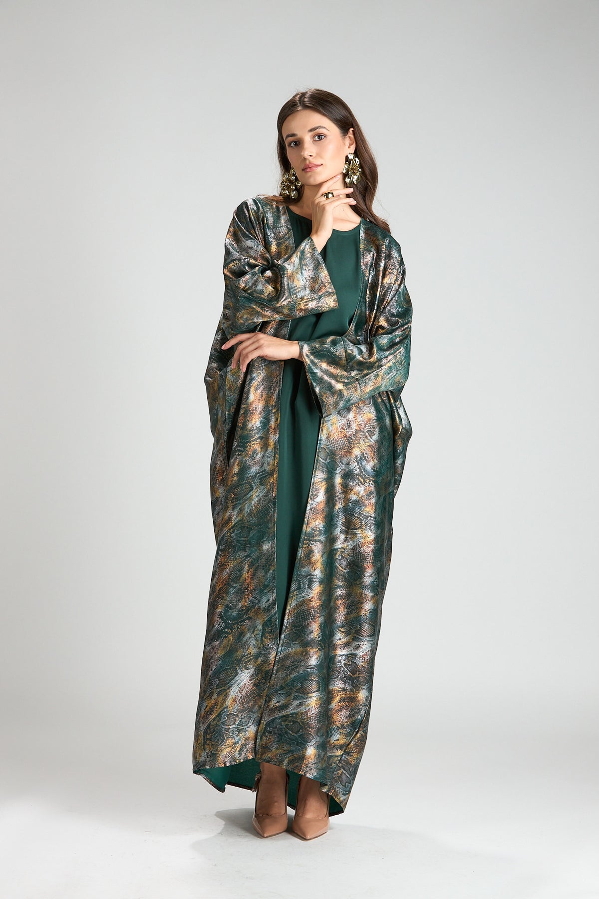 Emerald Mirage Abstract Metallic 3-Piece Open Abaya with Inner Dress
