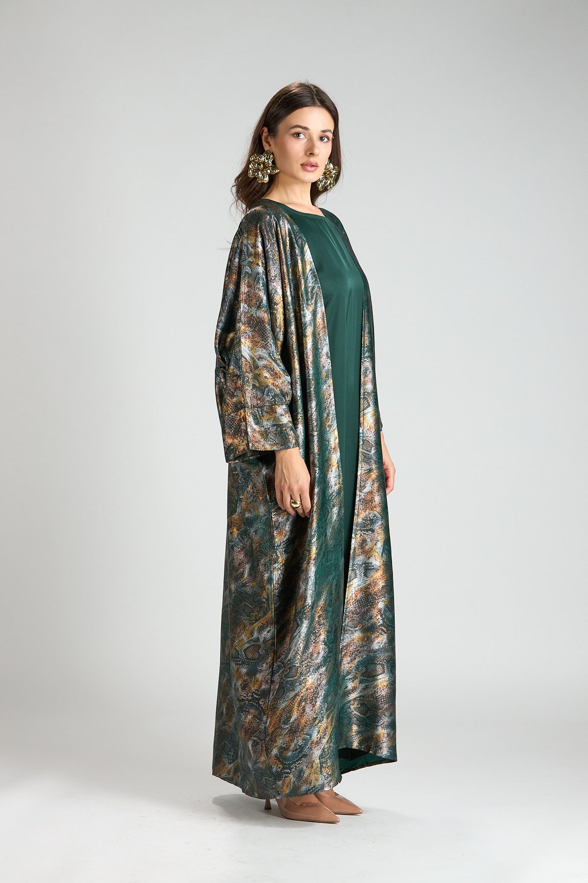 Emerald Mirage Abstract Metallic 3-Piece Open Abaya with Inner Dress
