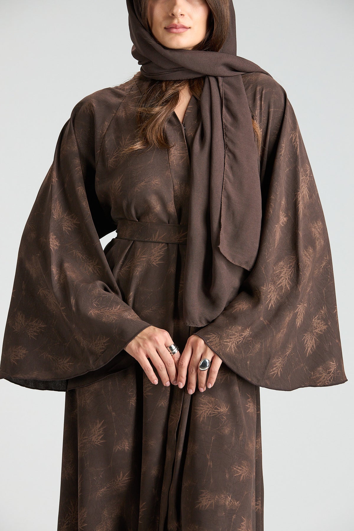 Serenity Brown Botanical Print Abaya with Sheila