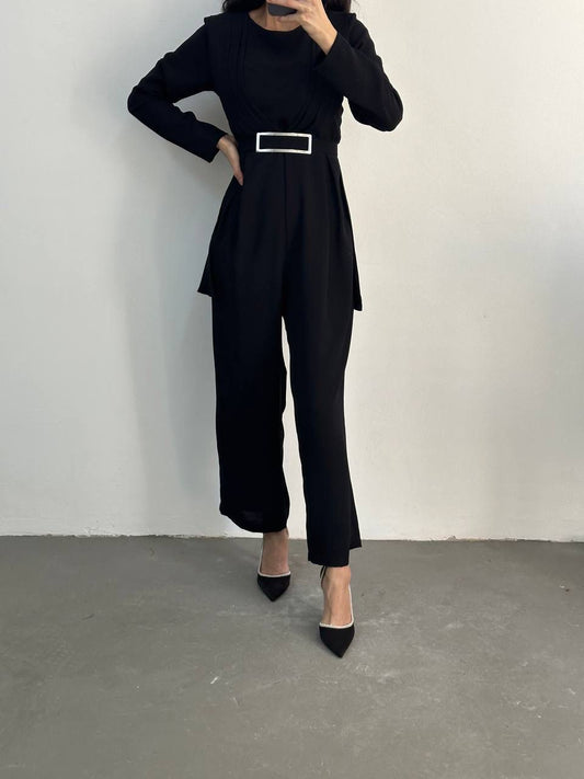 BLACK RECTANGULAR BUCKLE JUMPSUIT