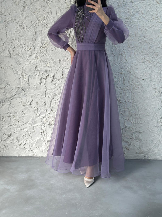 LAVENDER BEDAZZLED SASH DRESS
