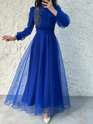 BLUE BEDAZZLED SASH DRESS