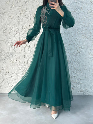 GREEN BEDAZZLED SASH DRESS