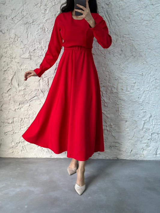 Red Color-Matched-Buckle Dress