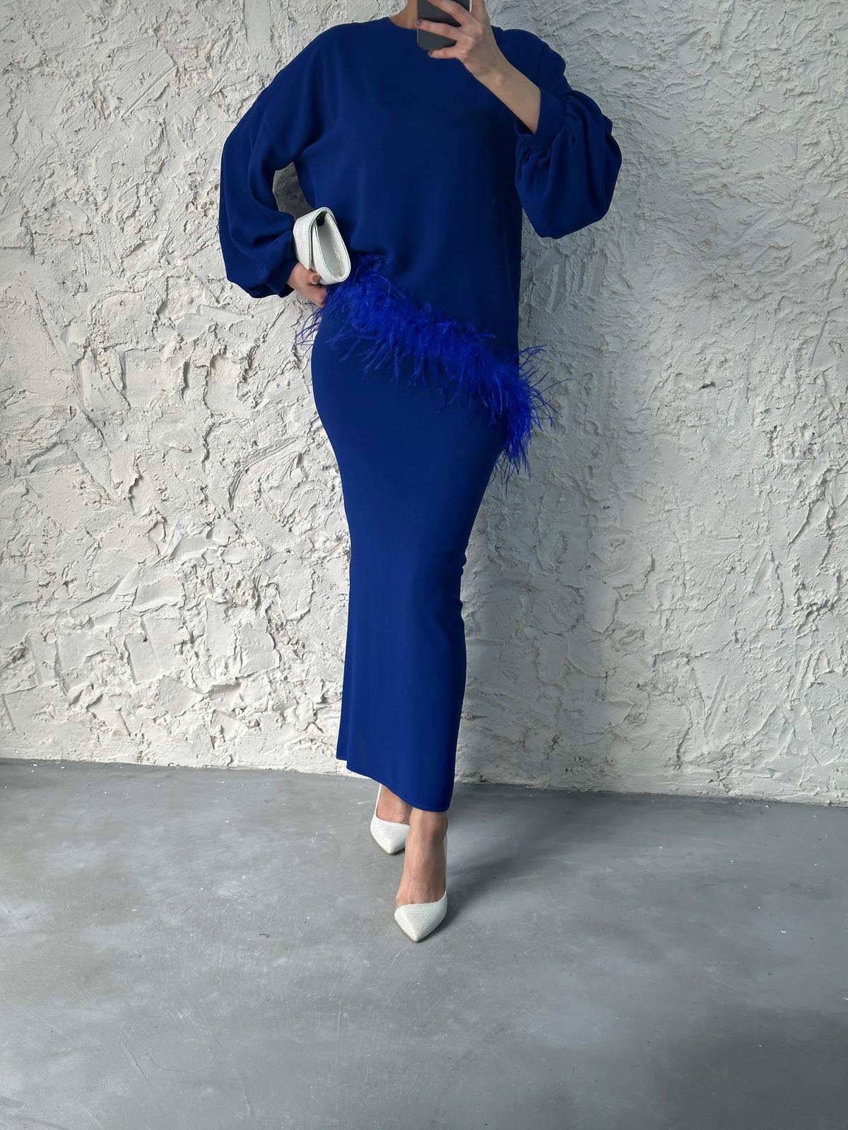 blue 2 piece dress BLUE FEATHERED WAIST TWO PIECE – Menatique