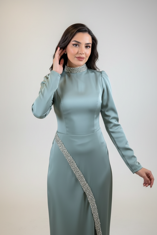 Stone Detailed Satin Mock Neck Gown