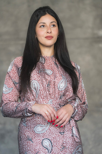 Warm Rose Paisley Print Satin Tiered Midi Dress