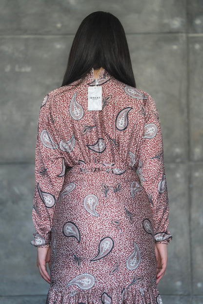 Warm Rose Paisley Print Satin Tiered Midi Dress