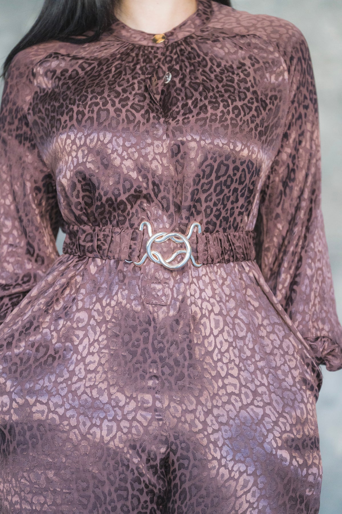 Satin Jacquard Leopard Wide-Leg Jumpsuit with Balloon Sleeves