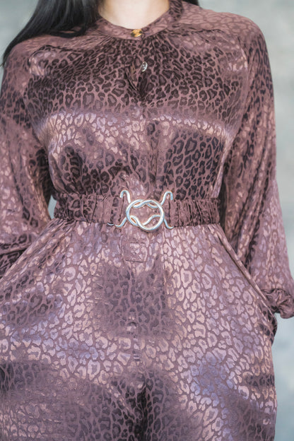 Satin Jacquard Leopard Wide-Leg Jumpsuit with Balloon Sleeves