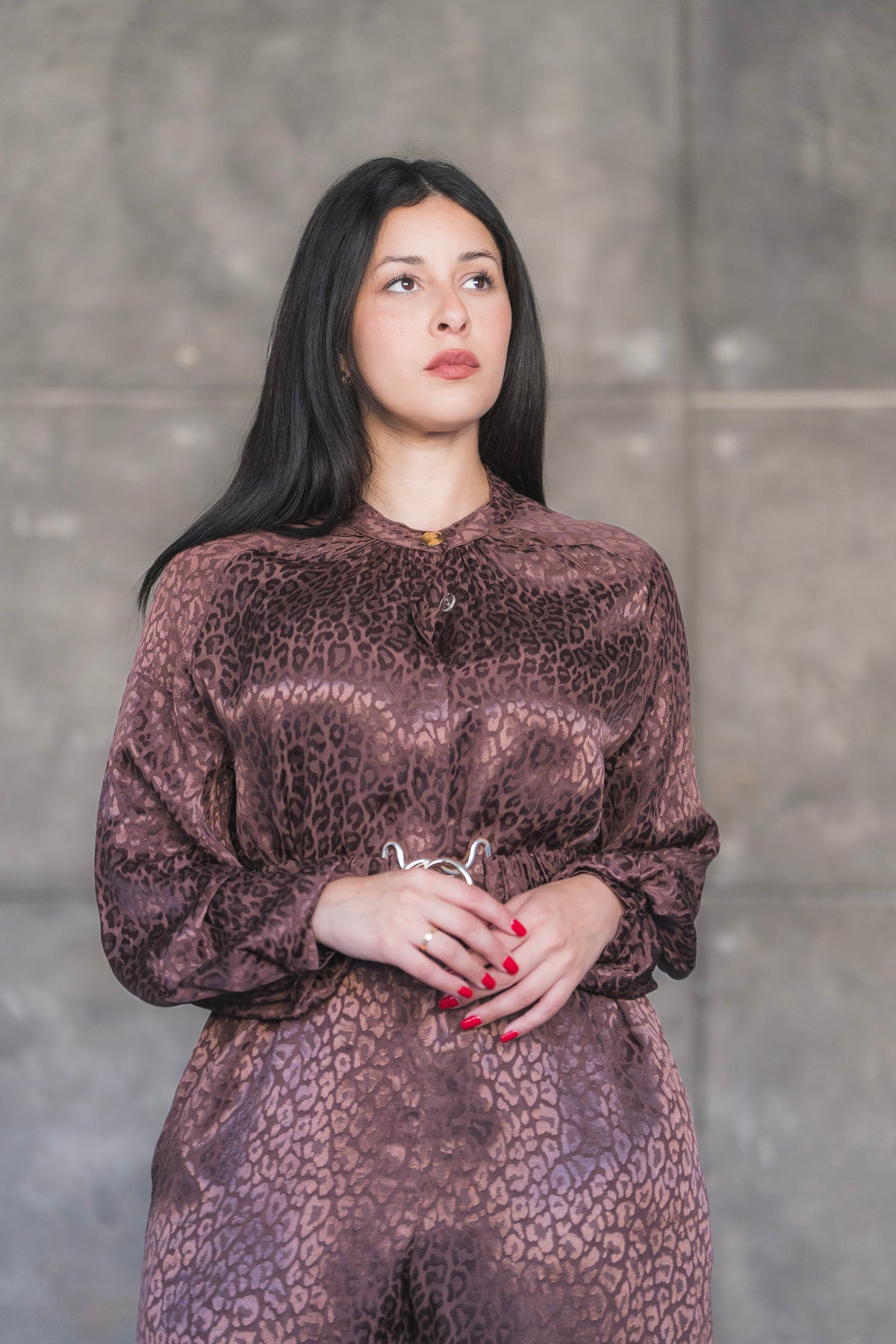Satin Jacquard Leopard Wide-Leg Jumpsuit with Balloon Sleeves