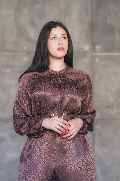 Satin Jacquard Leopard Wide-Leg Jumpsuit with Balloon Sleeves