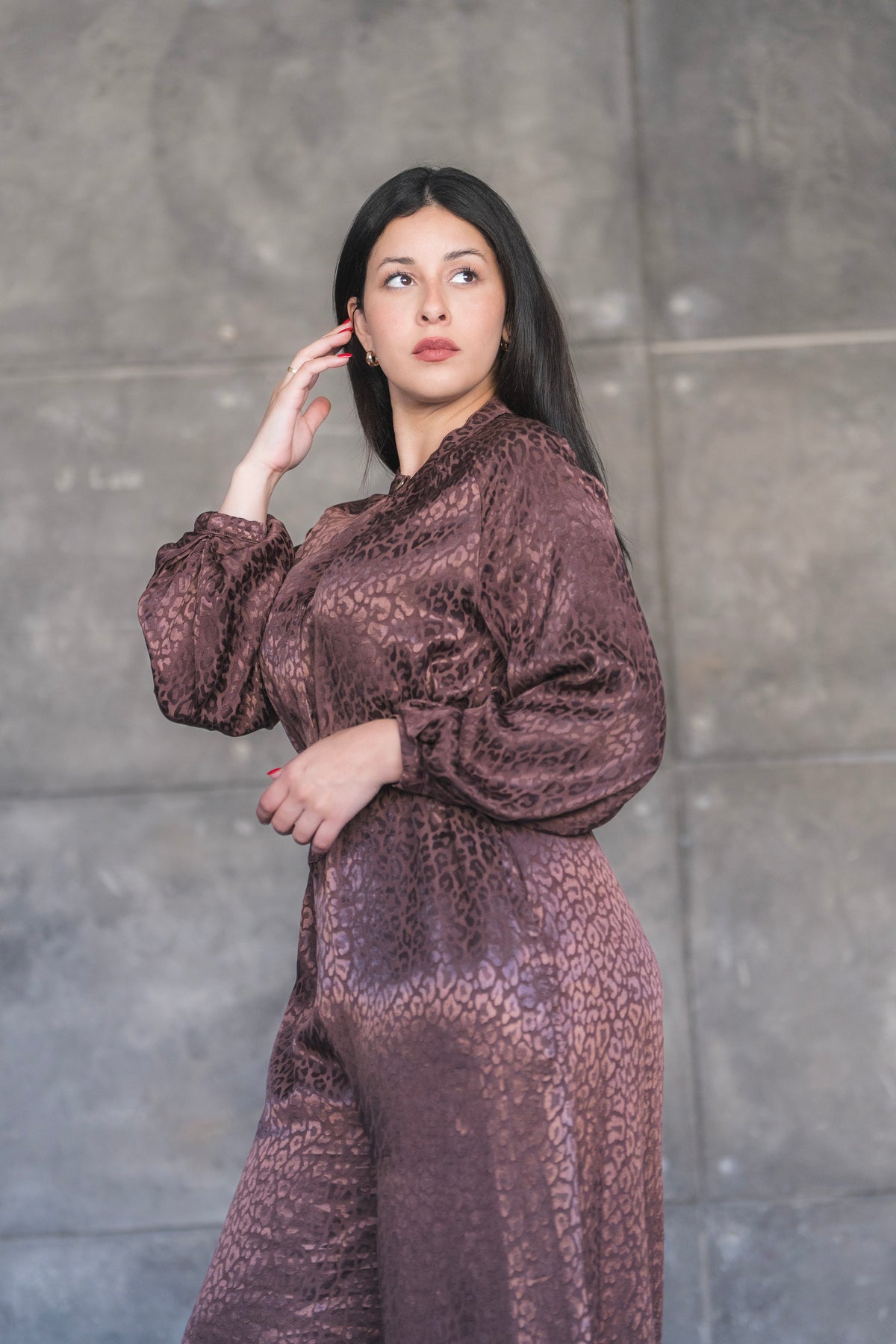 Satin Jacquard Leopard Wide-Leg Jumpsuit with Balloon Sleeves