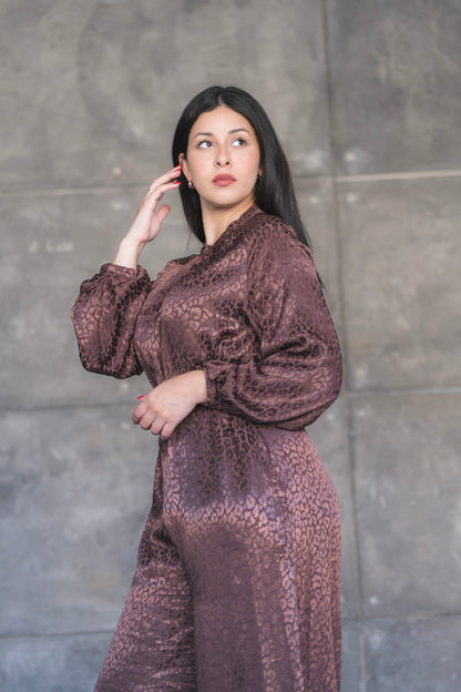 Satin Jacquard Leopard Wide-Leg Jumpsuit with Balloon Sleeves