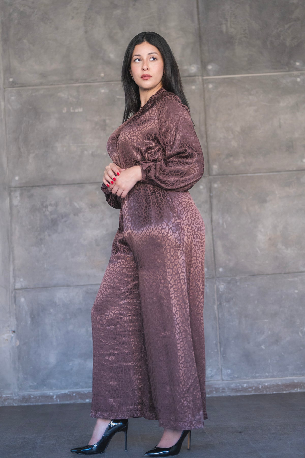 Satin Jacquard Leopard Wide-Leg Jumpsuit with Balloon Sleeves