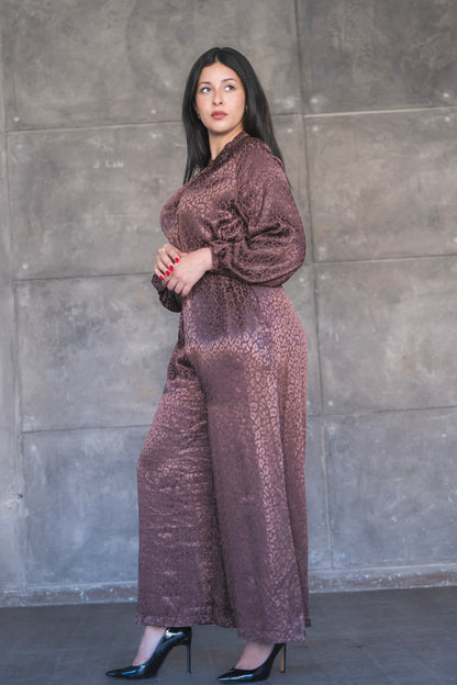 Satin Jacquard Leopard Wide-Leg Jumpsuit with Balloon Sleeves