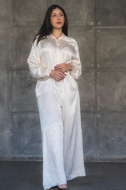 Satin Jacquard Leopard Wide-Leg Jumpsuit with Balloon Sleeves