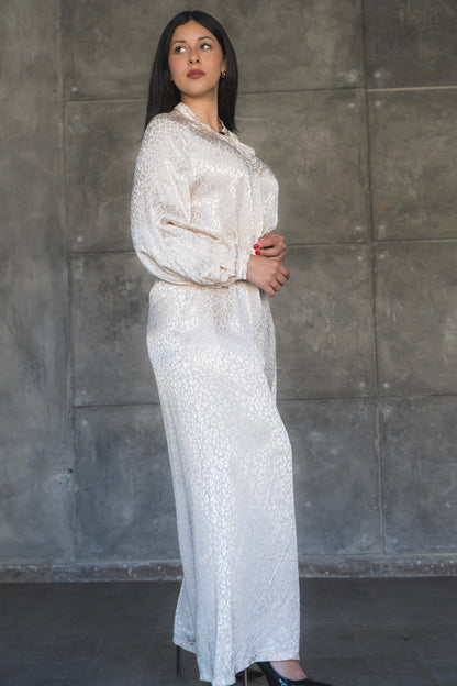 Satin Jacquard Leopard Wide-Leg Jumpsuit with Balloon Sleeves
