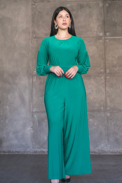 Soft Stretch Wide-Leg Jumpsuit with Balloon Sleeves