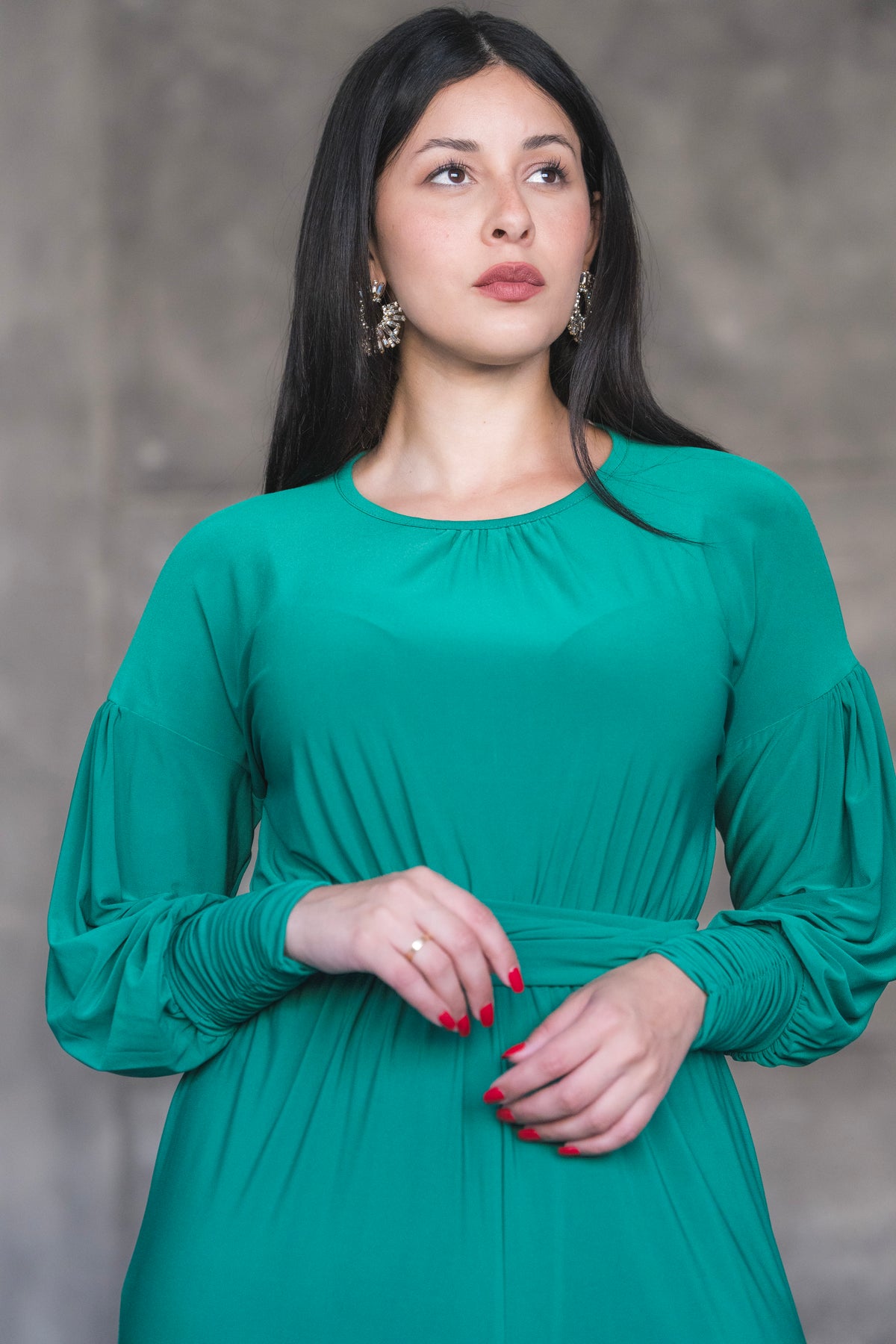 Soft Stretch Wide-Leg Jumpsuit with Balloon Sleeves