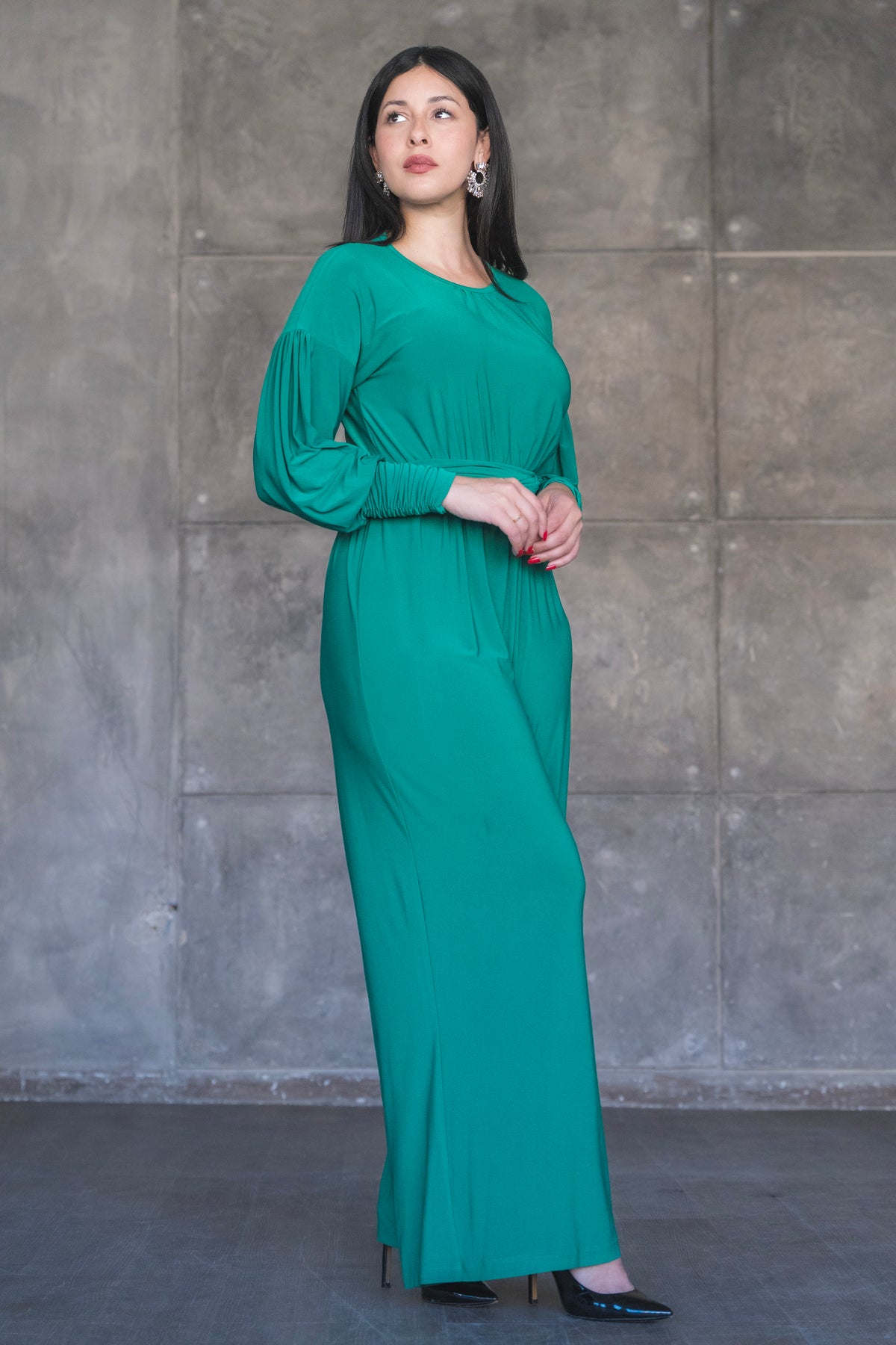 Soft Stretch Wide-Leg Jumpsuit with Balloon Sleeves