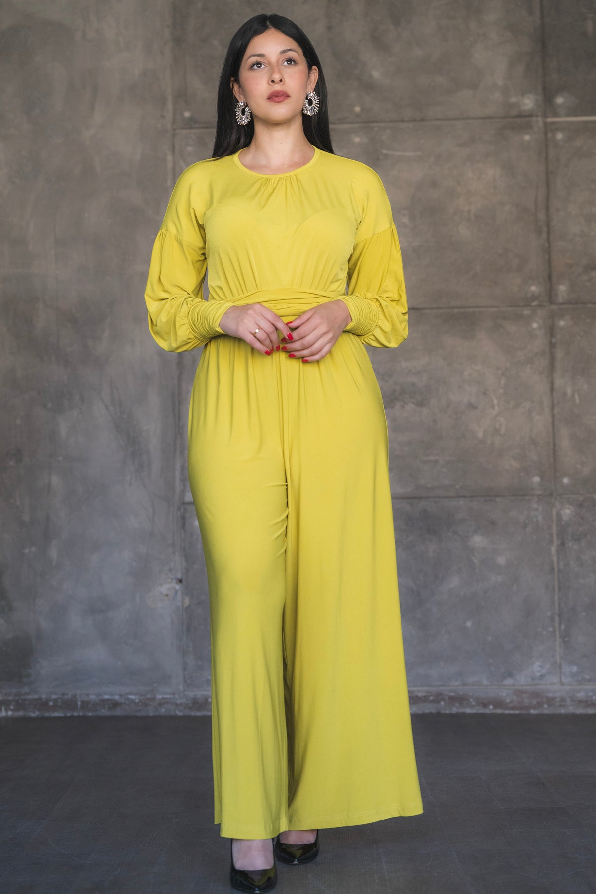 Soft Stretch Wide-Leg Jumpsuit with Balloon Sleeves