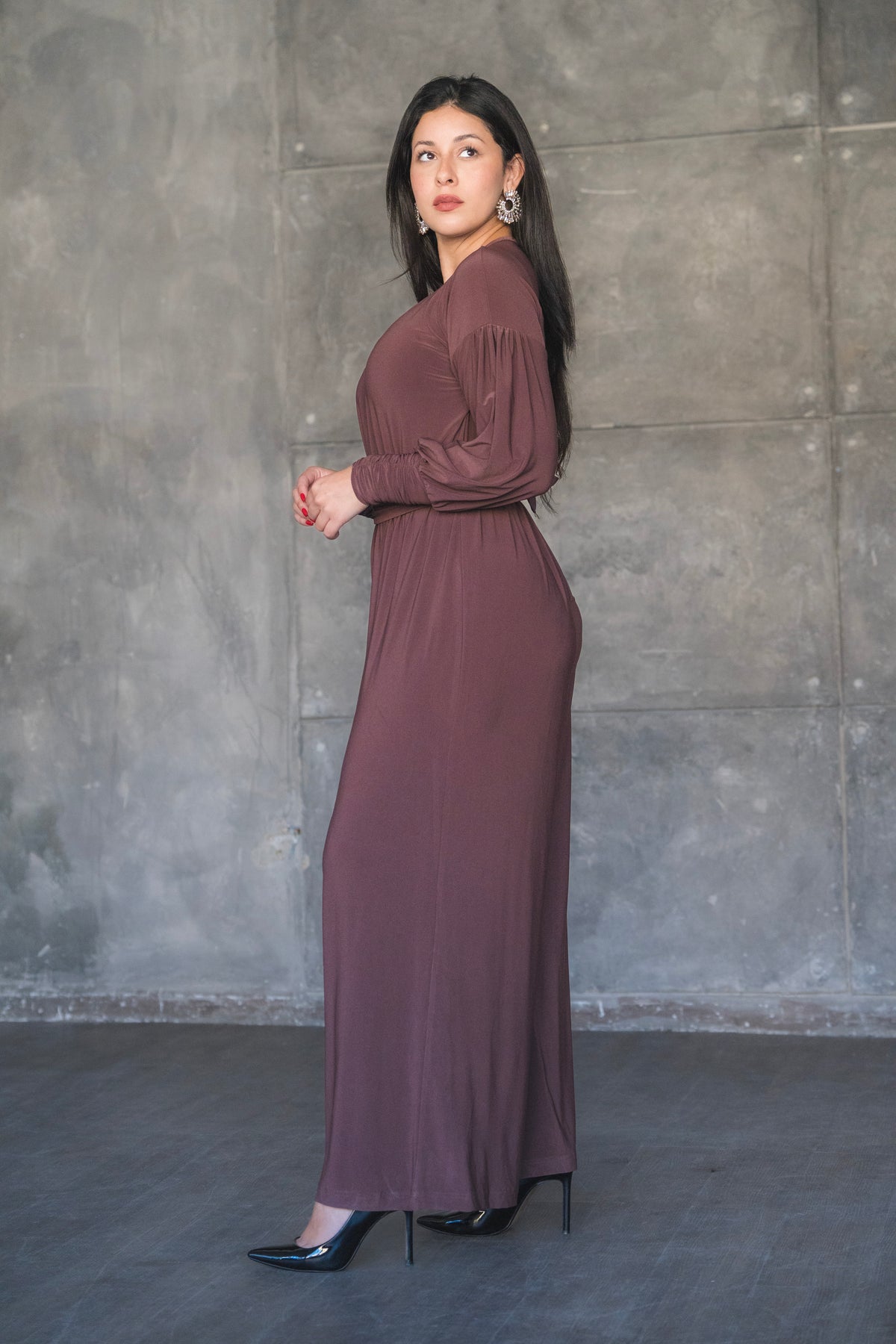 Soft Stretch Wide-Leg Jumpsuit with Balloon Sleeves