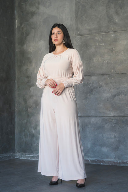 Soft Stretch Wide-Leg Jumpsuit with Balloon Sleeves