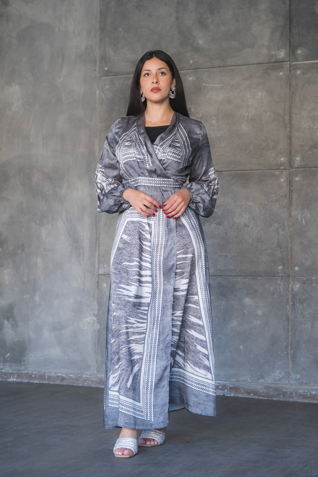 Charcoal Tribal Print Belted Satin Maxi Dress