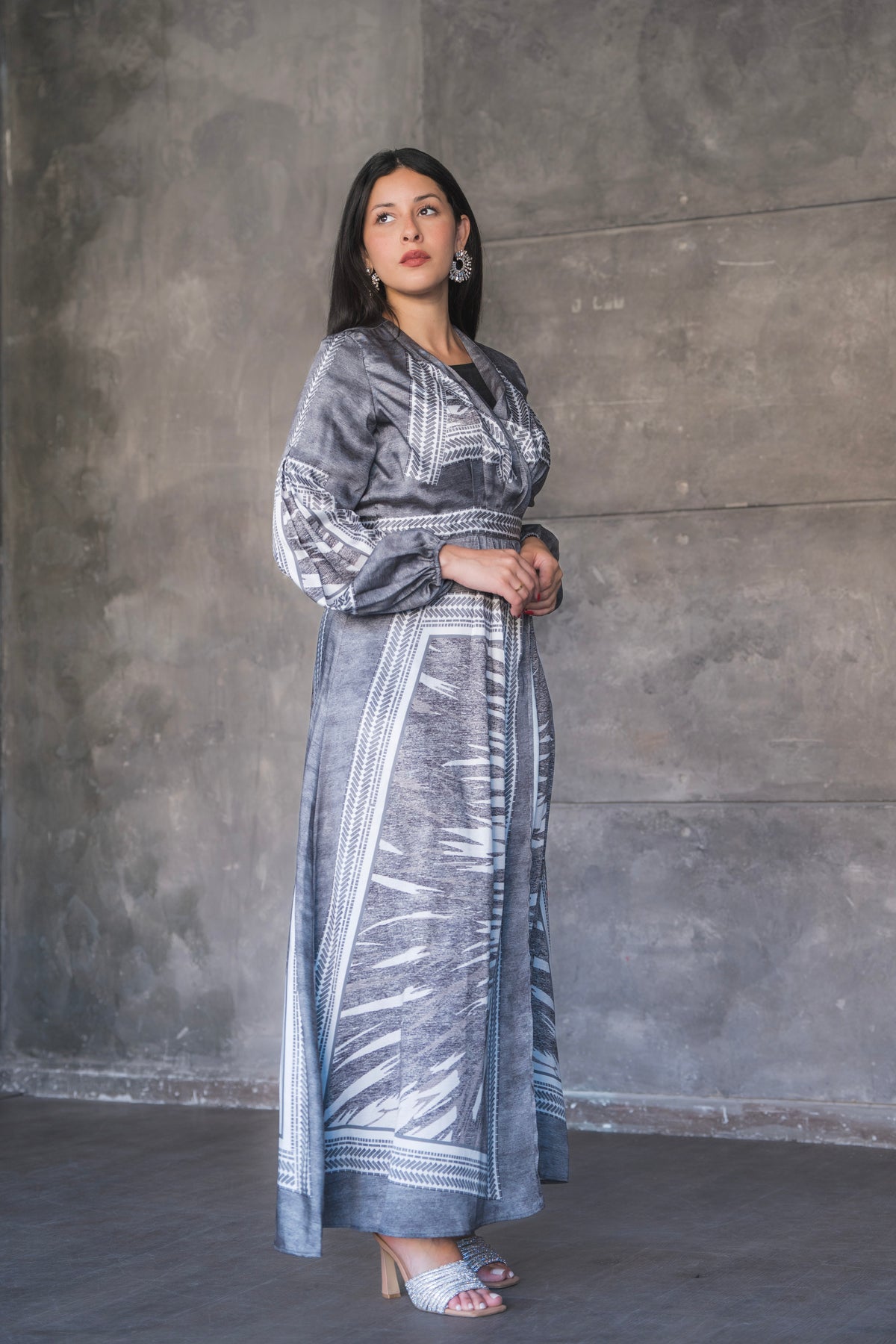 Charcoal Tribal Print Belted Satin Maxi Dress