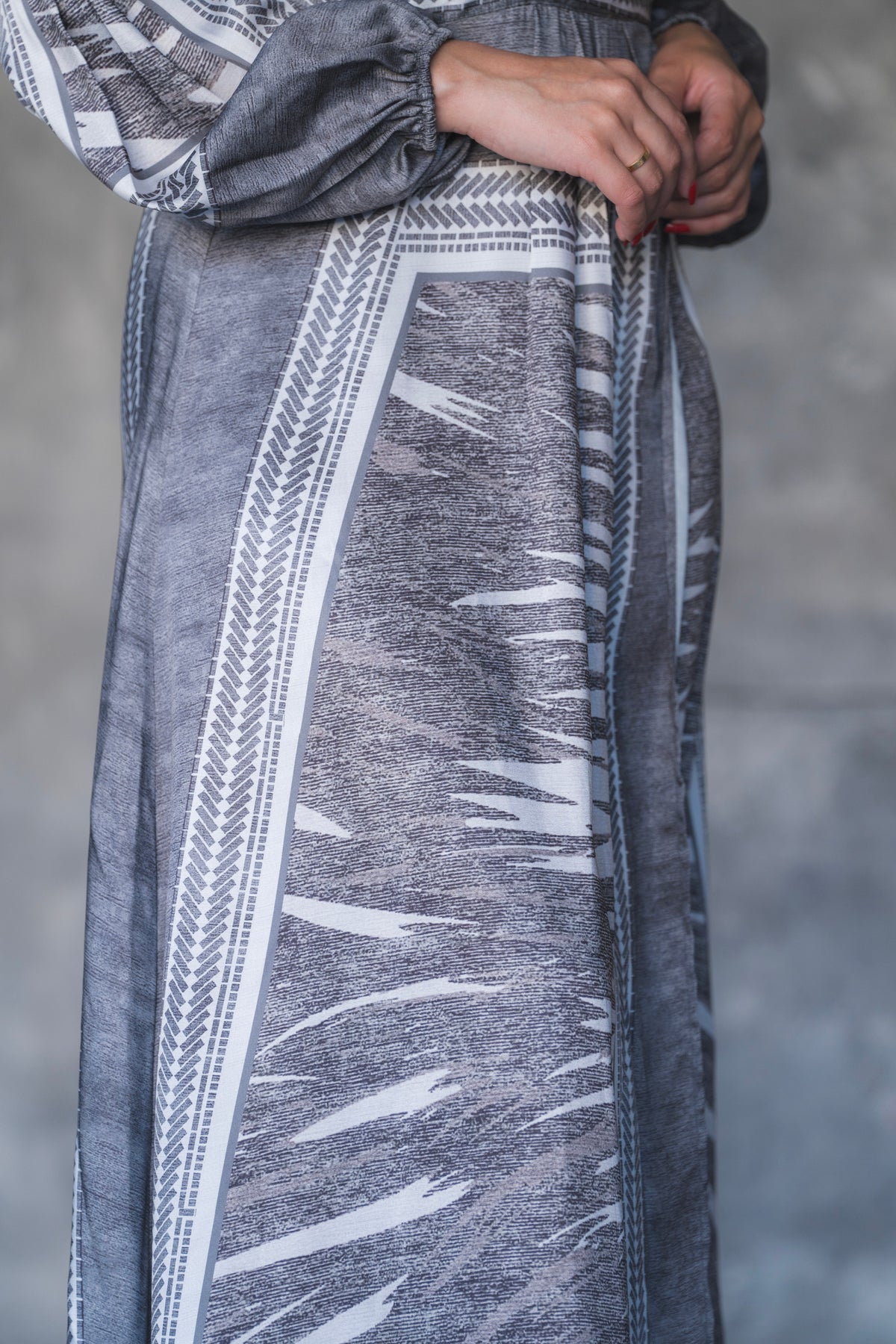 Charcoal Tribal Print Belted Satin Maxi Dress
