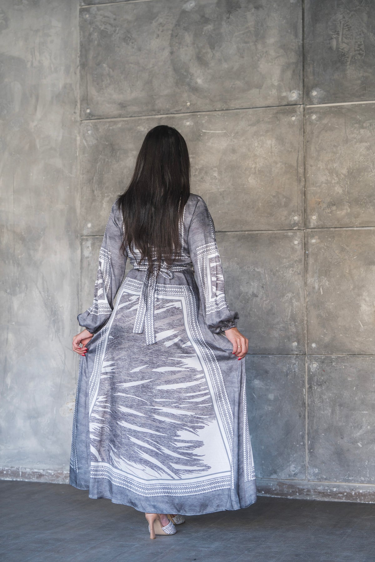 Charcoal Tribal Print Belted Satin Maxi Dress