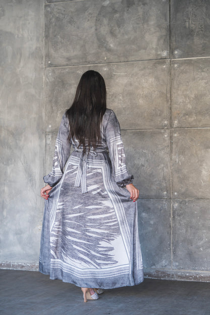 Charcoal Tribal Print Belted Satin Maxi Dress