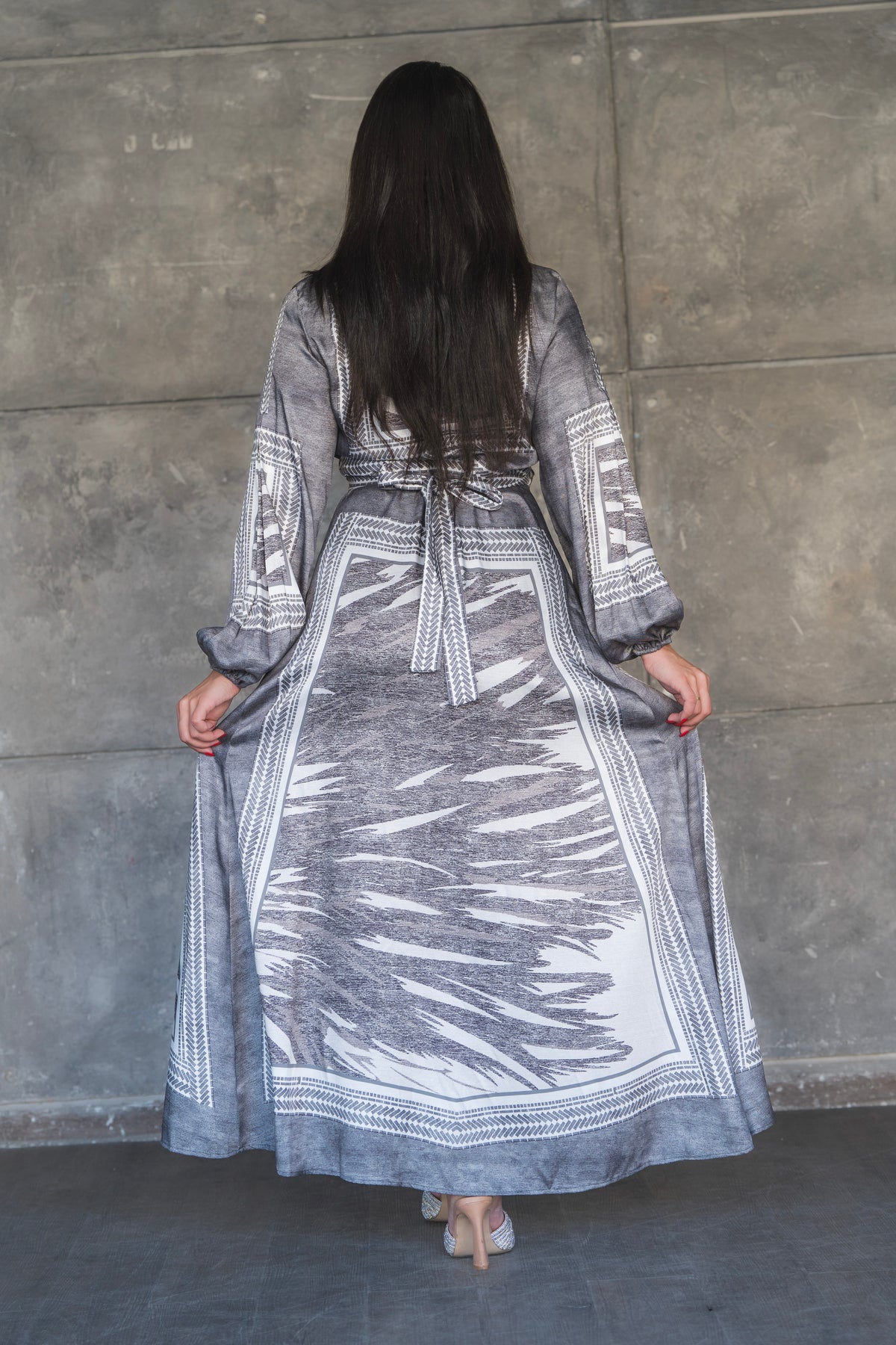 Charcoal Tribal Print Belted Satin Maxi Dress