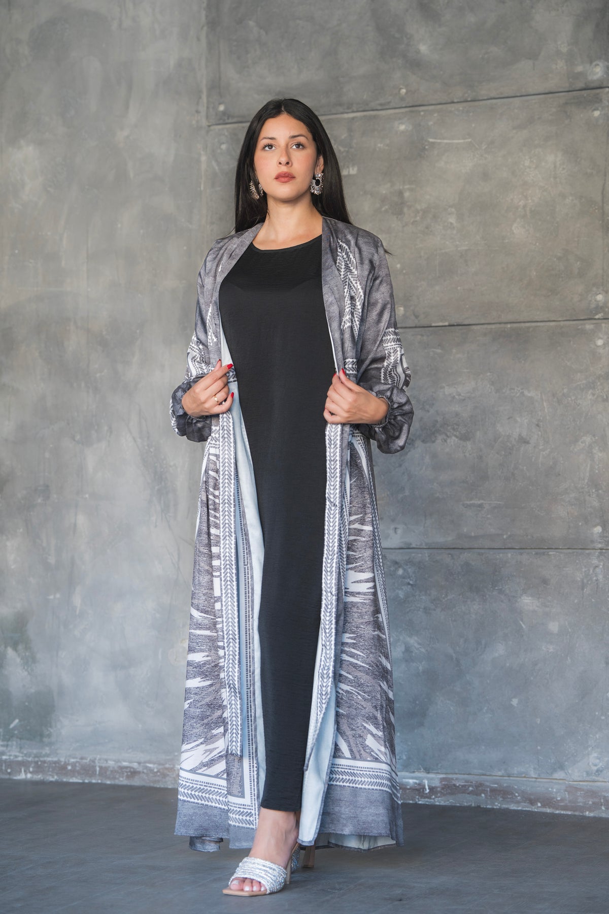Charcoal Tribal Print Belted Satin Maxi Dress