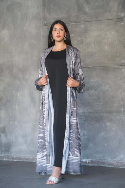 Charcoal Tribal Print Belted Satin Maxi Dress
