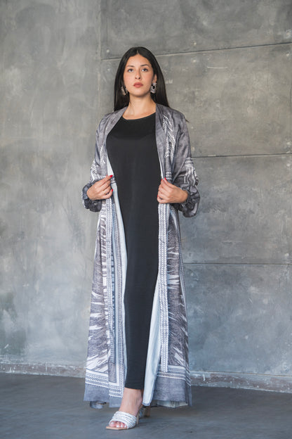 Charcoal Tribal Print Belted Satin Maxi Dress