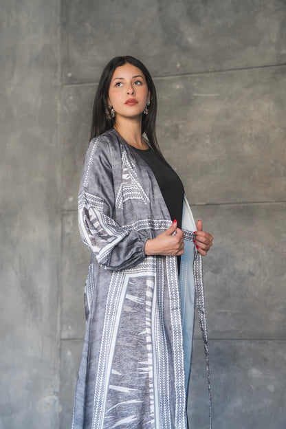Charcoal Tribal Print Belted Satin Maxi Dress