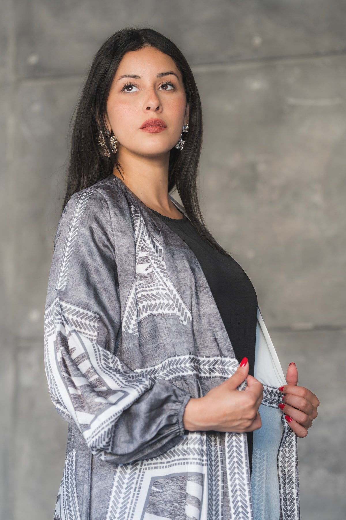 Charcoal Tribal Print Belted Satin Maxi Dress