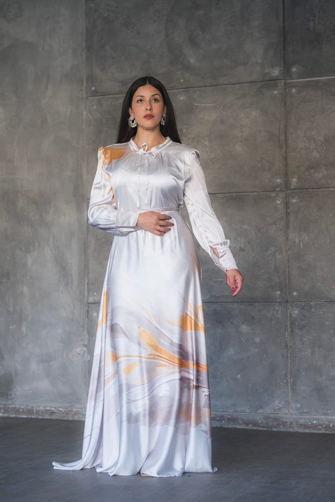 Marble Print Satin Tie-Neck Maxi Dress