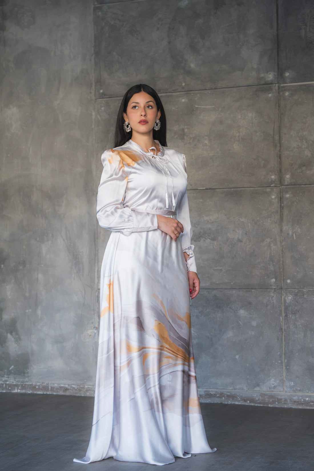 Marble Print Satin Tie-Neck Maxi Dress