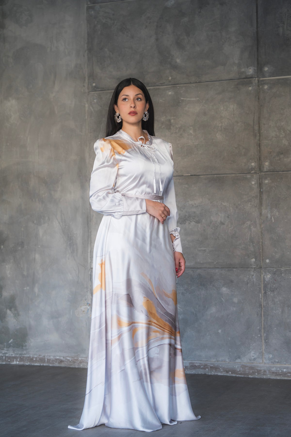 Marble Print Satin Tie-Neck Maxi Dress