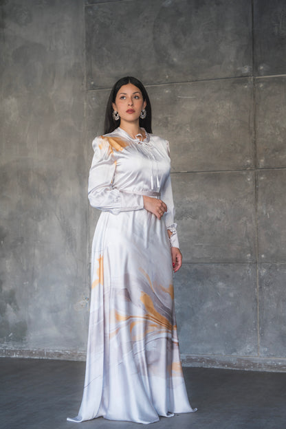Marble Print Satin Tie-Neck Maxi Dress
