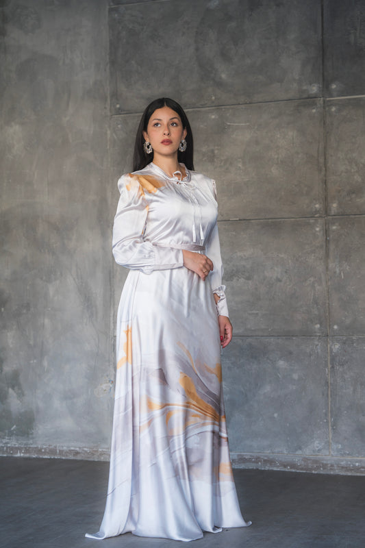Satin Marble Print Maxi Dress