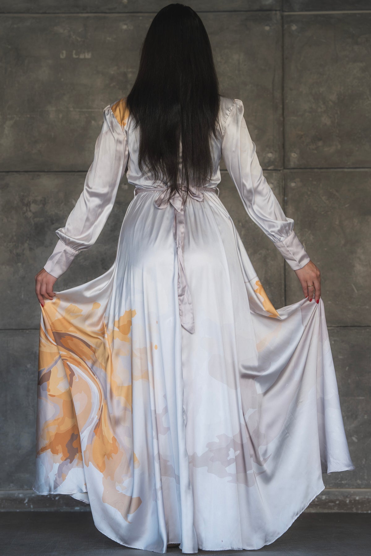 Marble Print Satin Tie-Neck Maxi Dress