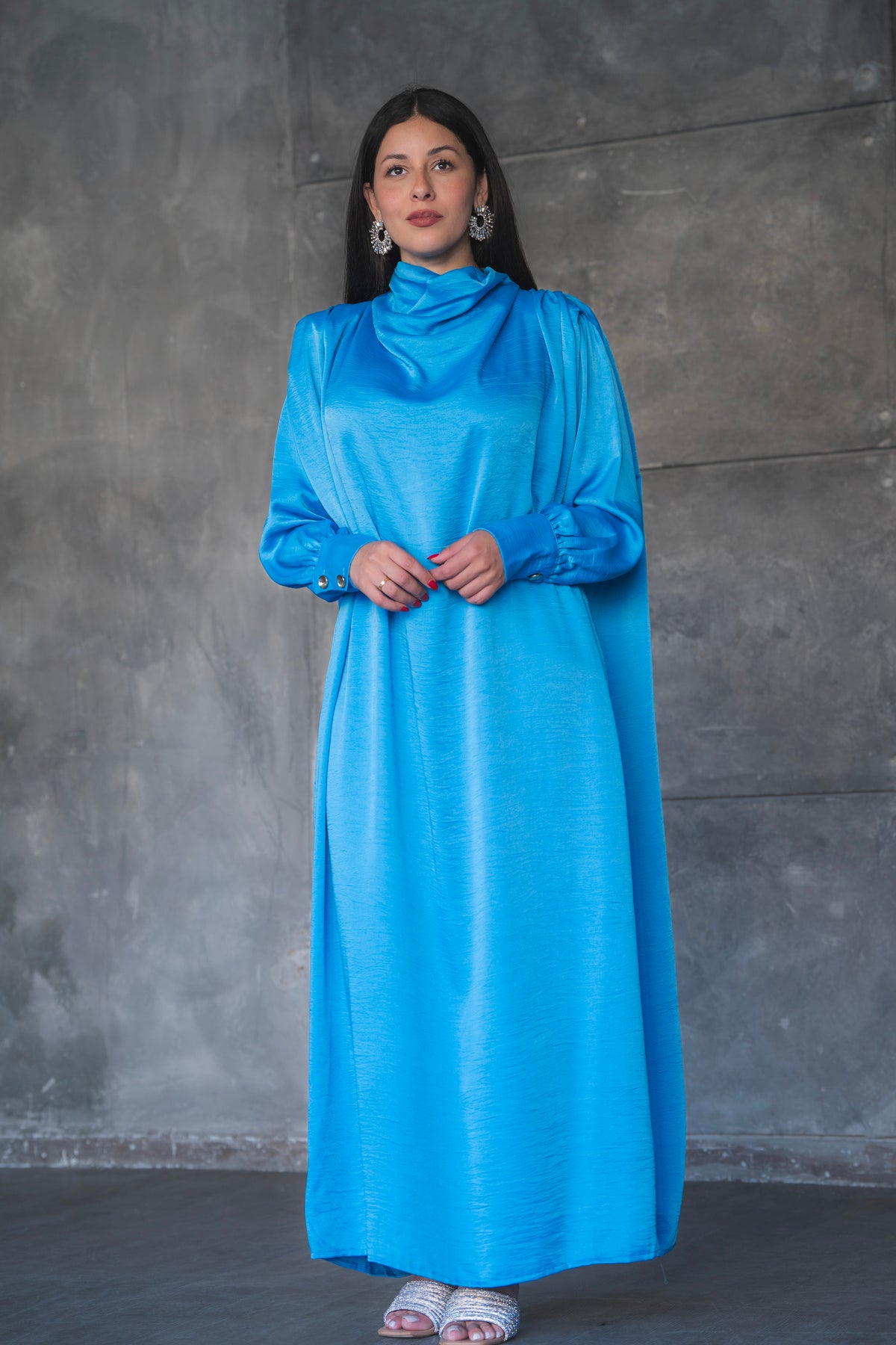 Draped Satin A-Line Maxi Dress with Puff Sleeves