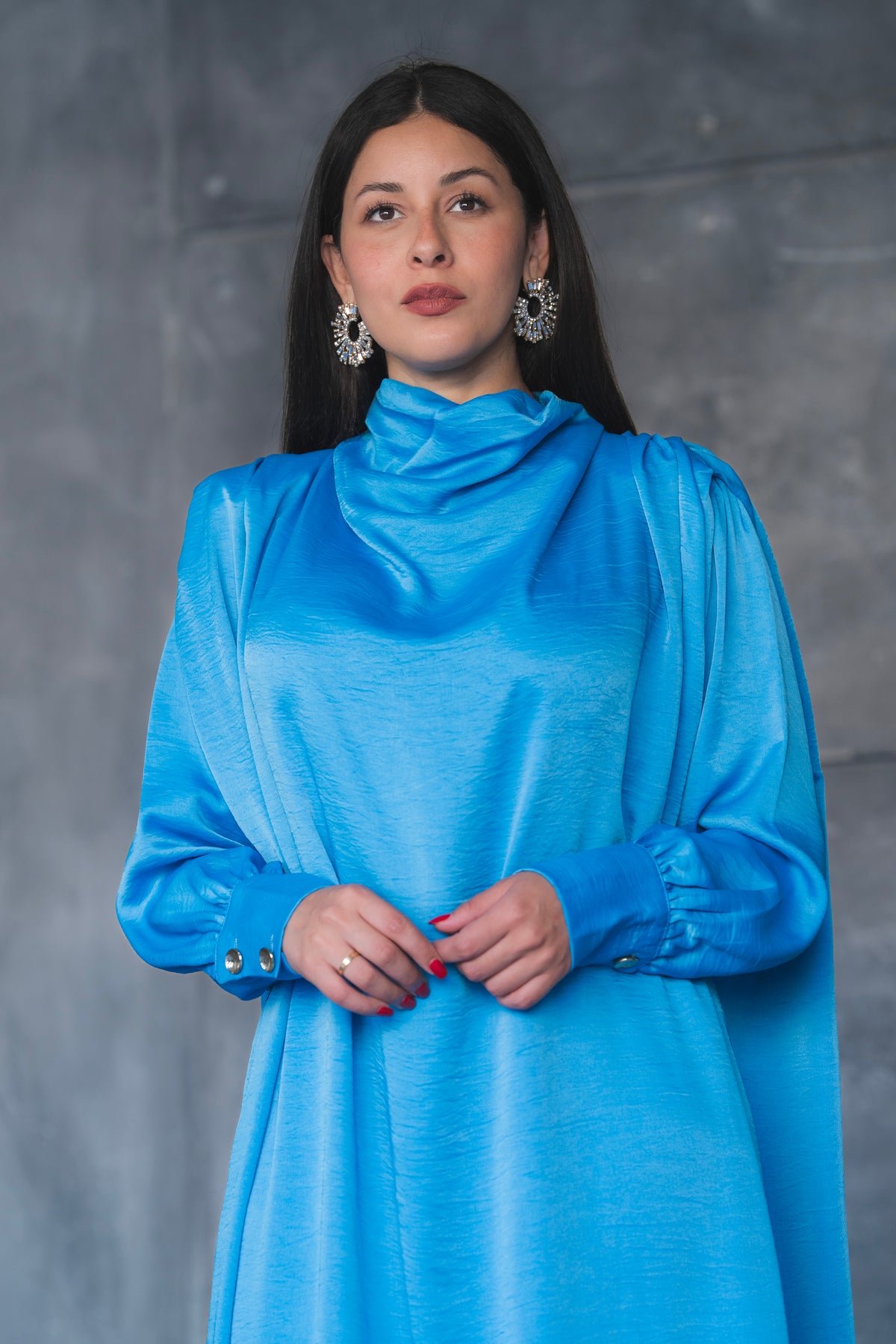 Draped Satin A-Line Maxi Dress with Puff Sleeves