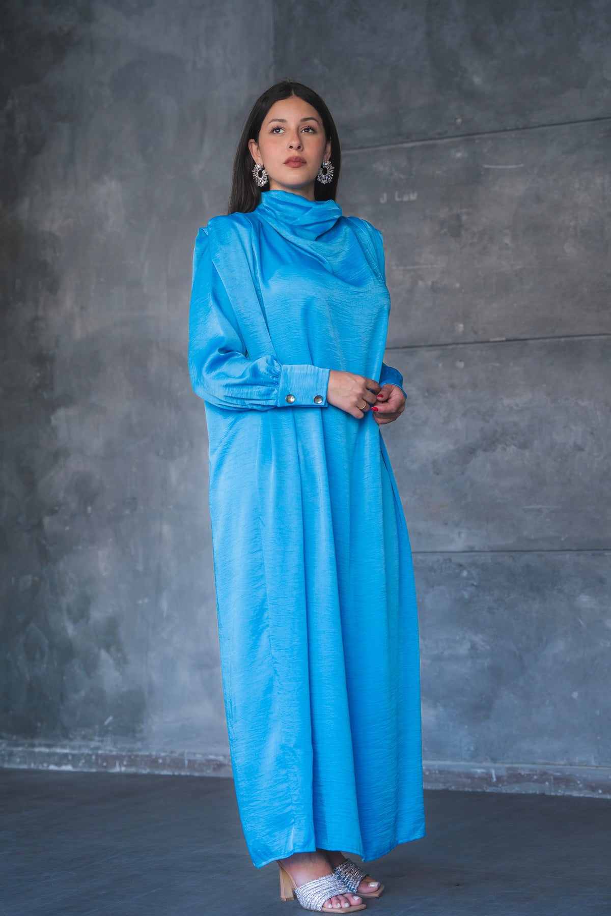 Draped Satin A-Line Maxi Dress with Puff Sleeves